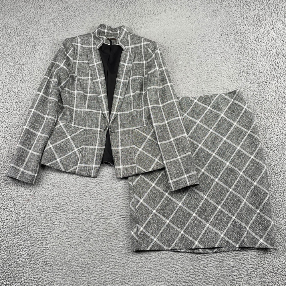 White House Black Market Skirt Suit Womens 8 Gray Windowpane Plaid Blazer Set
